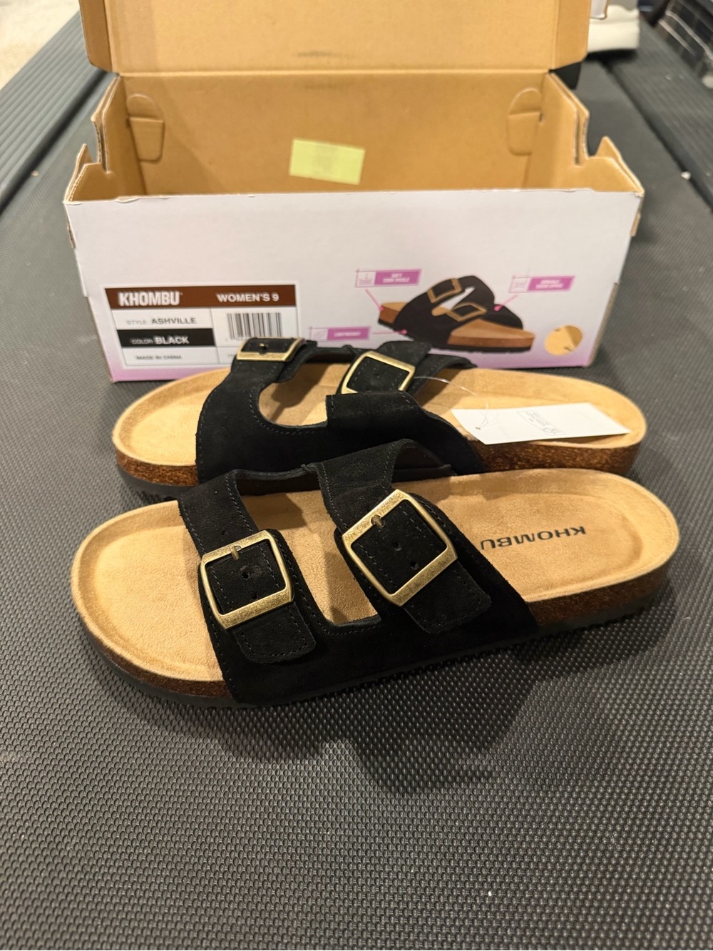 Khombu Ashville Black Double Buckle Adjustable Straps Slide Sandals Women's Sz 9